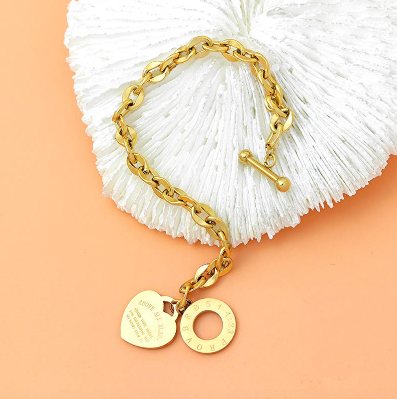 Custom Stainless Steel Gold Pendant Bracelet with Heart Charm