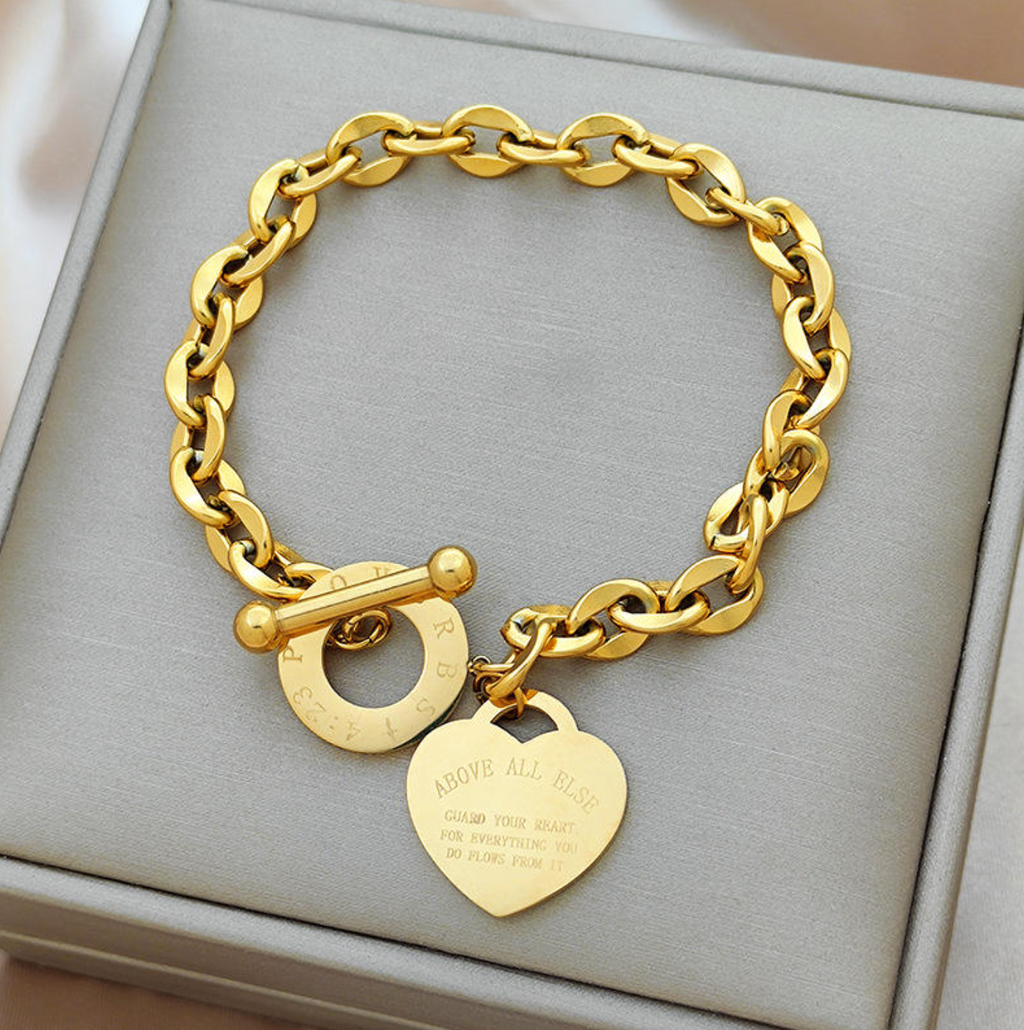 Custom Stainless Steel Gold Pendant Bracelet with Heart Charm