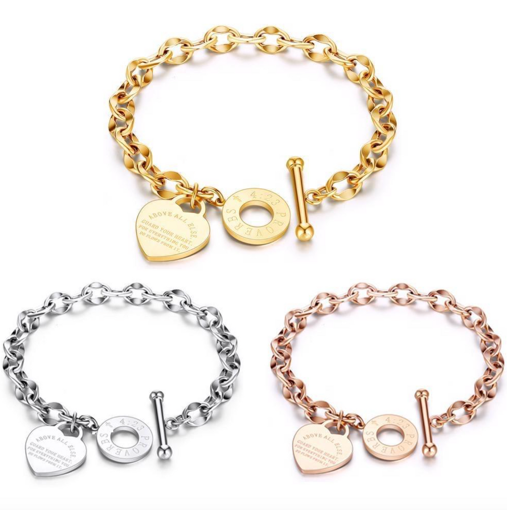 Custom Stainless Steel Gold Pendant Bracelet with Heart Charm