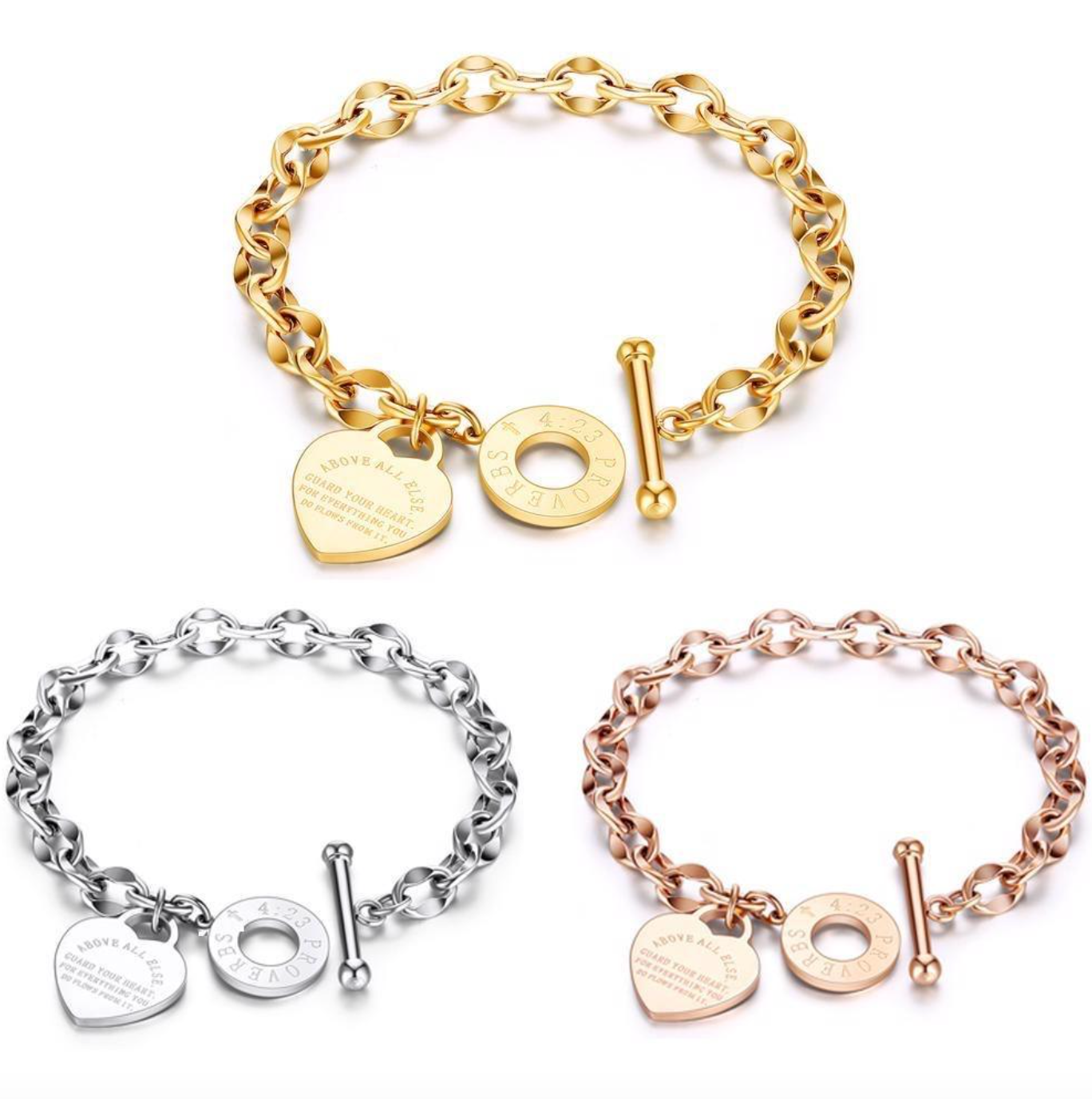 Custom Stainless Steel Gold Pendant Bracelet with Heart Charm